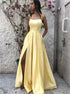 A Line Spaghetti Straps Yellow Satin Pockets Prom Dress with Slit LBQ3181